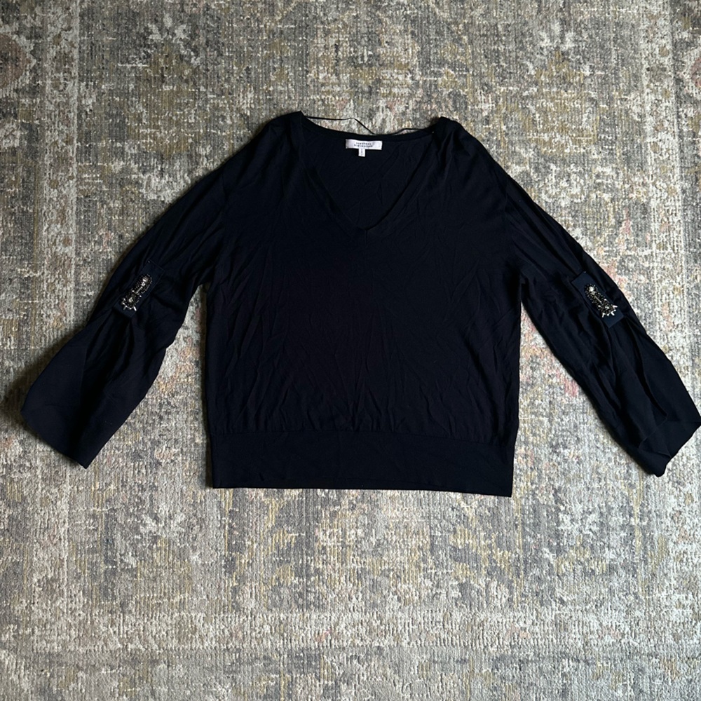 Dorothee Schumacher Virgin Wool V Neck Beaded Jewel Embellished Sweater Designer